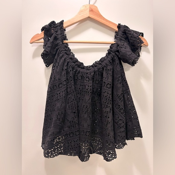 Garage Black Lace Crop Top Blouse, Off-the Shoulder Black Lace Top - Picture 3 of 7